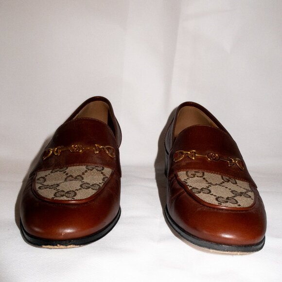 Gucci Leather & GG Logo Canvas Heeled 100 Loafers (IT/EU 38, US 7.5 - 8) - Picture 5 of 16